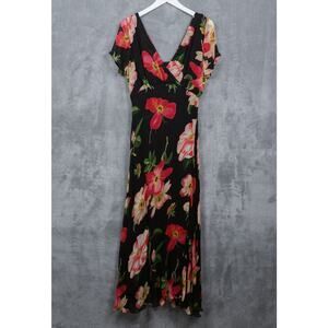 NOSTALGIA Black Floral Maxi Dress Empire Waist Tie Dark Romantic VTG‎ 90s Sz L